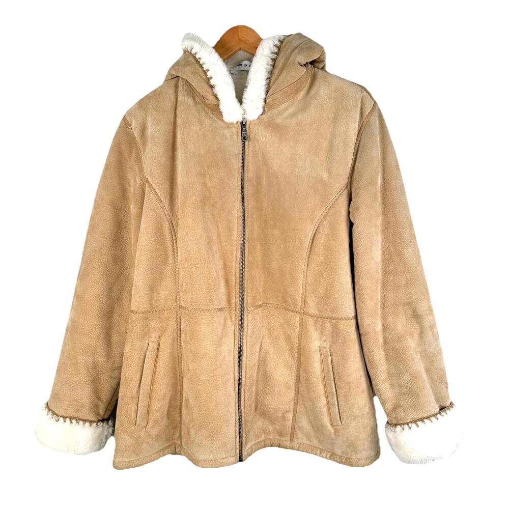 Suede Leather Sherpa Lined Hooded Coat Tan Winter Jacket L Marvin Richards Women